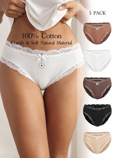 Ocili 5pcs/Pack Chic Autumn Leisure Basic Solid Color Soft Cotton Lace Trim Low Waist Women's Briefs Panties For Women Lace Contrast Lace Women Briefs