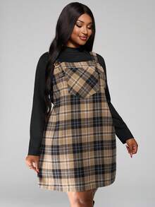SHEIN PETITE CURVE Plus Size Loose Strap Button Pocket Plaid Casual Mini Dress Plus Size Fall Clothes Dresses For Women - Khaki - View 4