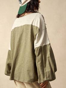 Bohemela 休闲针织拼接V领长袖宽松女式卫衣，冬季女装，舒适休闲 - 彩色 - 查看 8