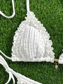 Swim Mod 女士纯色提花面料挂脖金属装饰荷叶边比基尼套装，春夏款 - 白色 - 查看 4