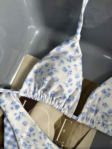 Swim Mod New Women's Summer 2-Piece Random Floral & Plaid Print Triangle Halter Bikini Top And Bottom Set, Beach Vacation Swimwear - Multicolor - View 8