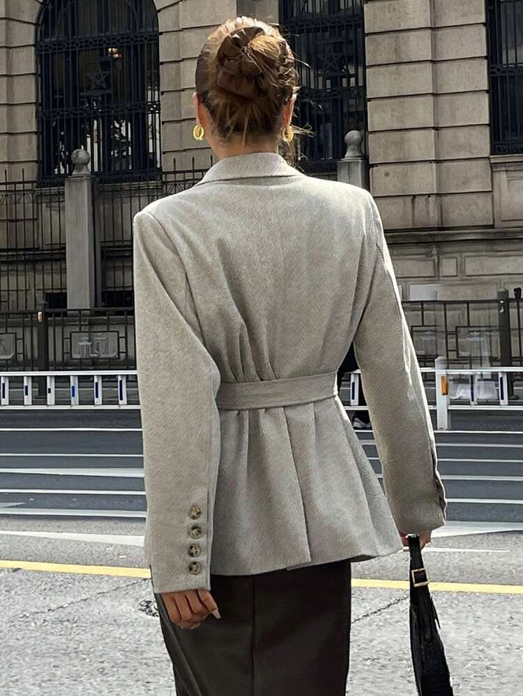 Women's Casual Herringbone Pocket Belt Blazer Jacket, Autumn Business Attire