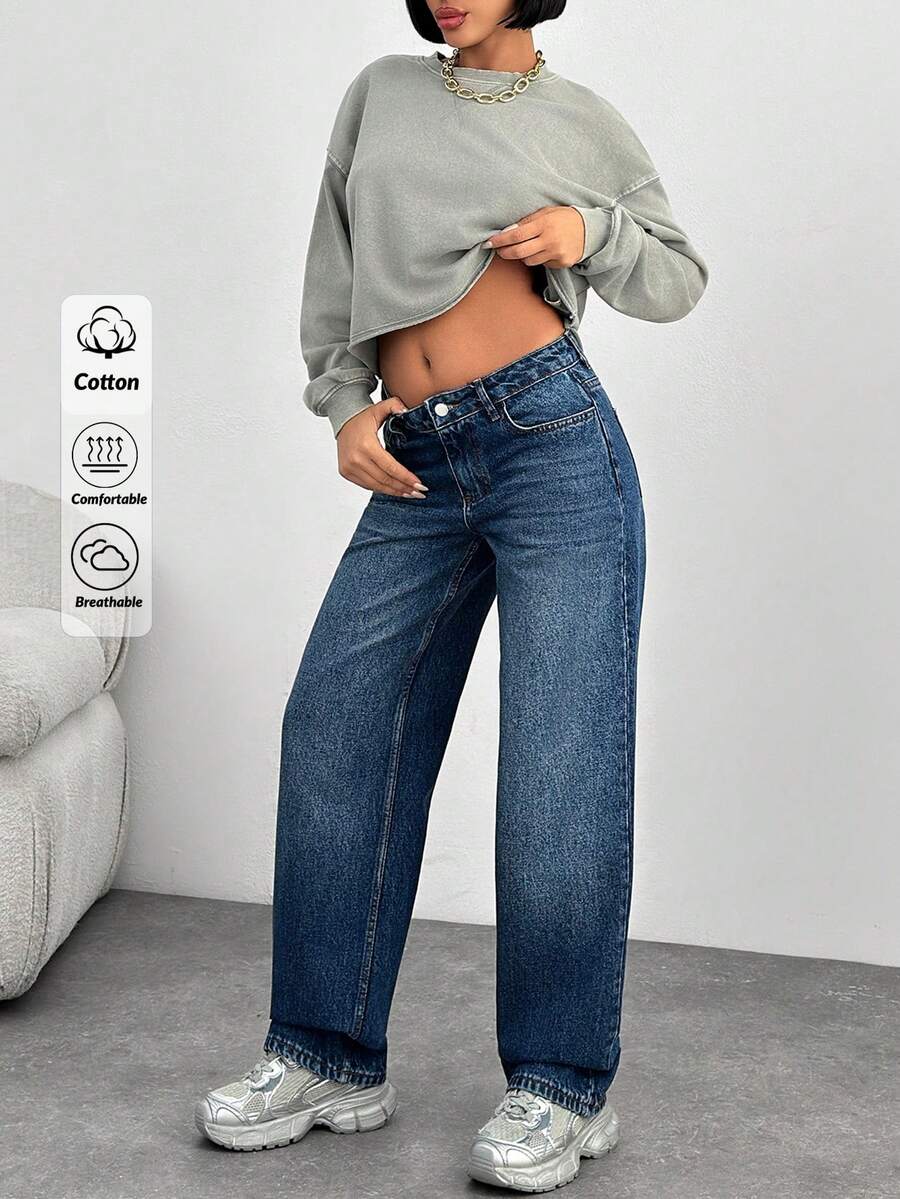 EURMUSE Blue Retro Fashion Low Waist Versatile Casual Straight Jeans - Medium Wash - View 1