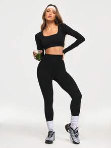 Eassivo Eassivo Women's Seamless Black 2 Piece Workout Set,Long Sleeve Open Back Crop Top & High Waist Scrunch Leggings, Yoga Outfit Gym Activewear - Black - View 6