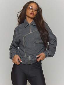 MUSERA 拉链式不对称叠层拼接牛仔飞行员夹克，秋冬街头风，酷炫夜店日常性感缟玛瑙时尚春夏款 - 灰色 - 查看 1