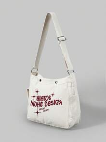 ROMWE Grunge Punk 字母細節托特包Y2K大容量單肩包女士時髦流浪包辦公和購物字母刺繡流浪包中等帆布 - 白色 - 查看 4