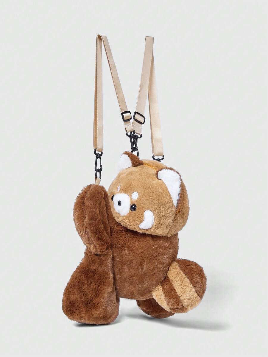 ROMWE Kawaii 可爱派对浣熊毛绒背包，动物造型卡通单肩斜挎包，大容量手机钱包，节日派对个性背包，女士化妆包，时尚校园背包，生日礼物 - 棕色 - 查看 1