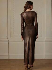 EMERY ROSE 时尚V领褶皱腰身长袖派对连衣裙，性感百搭，欧式秋冬风情 - 咖啡棕 - 查看 3