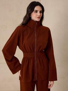 Graceveil 女士休闲拉链喇叭裤阿拉伯风格套装，秋冬款 - 咖啡棕 - 查看 7