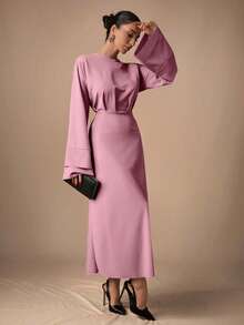 EURMUSE Women's Solid Color Round Neck Pleated Elegant Long Sleeve Dress - Baby Pink - View 5