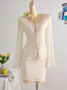 Teen Girls Apricot Solid Textured Knit Fabric Casual Vacation Button V-Neck Long Sleeve Cardigan And Mini Skirt 2-Piece Set, Suitable For Dates, Afternoon Tea, Beach, Cruise, City Vacation, All Seasons, Wedding, Music Festival Top And Skirt Set - Apricot - View 3