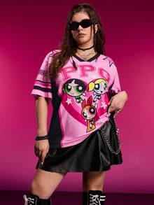 THE POWERPUFF GIRLS X SHEIN Plus Size Summer Cute Blossom, Bubbles, Buttercup Pattern V-Neck Short Sleeve T-Shirt Graphic Tees Women Oversized - Pink - View 1