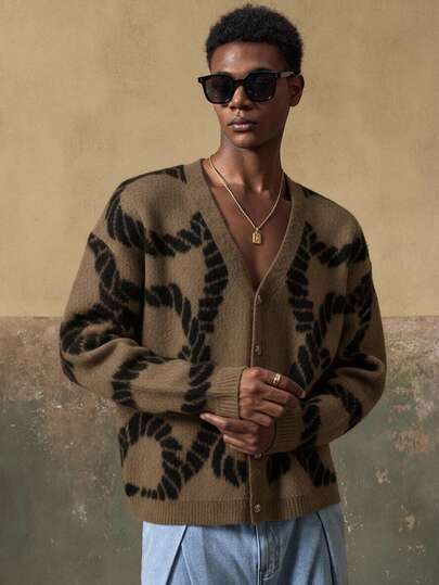  AKNOTIC 男士休闲时尚 - 宽松纽扣开襟毛衣 - 对比提花图案 - 可机洗或干洗 - 适合秋冬季穿着