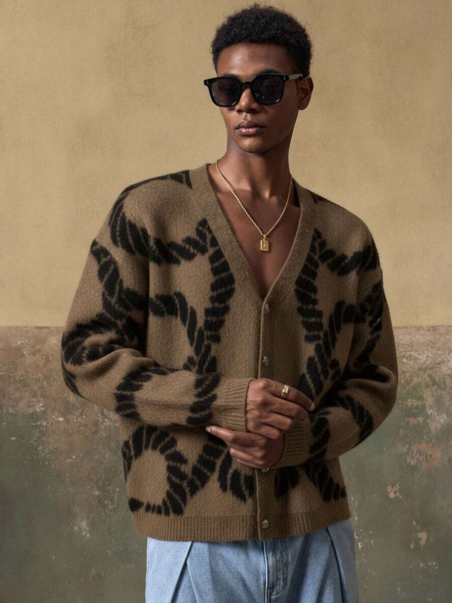 AKNOTIC 男士休闲时尚 - 宽松纽扣开襟毛衣 - 对比提花图案 - 可机洗或干洗 - 适合秋冬季穿着 - 咖啡棕 - 查看 1