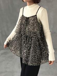 FRIFUL 女士豹纹薄纱吊带系带宽松休闲百搭背心，秋季款 - 棕色 - 查看 6