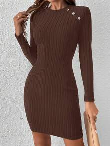 SHEIN Frenchy 女式纯色简约休闲圆领长袖连衣裙 - 棕色 - 查看 5