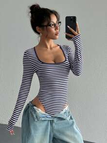 SHEIN EZwear 女士休闲圆领条纹连体衣 - 藏蓝色 - 查看 3