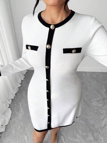 Elenzga Elegant & Fashionable Color Block Trim Plus Size Women Single-Breasted Knitted Dress, Autumn/Winter - White - View 5