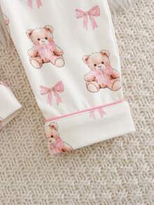 Cozy Pixies Bộ đồ liền thân dài tay dệt kim họa tiết gấu hoạt hình cho bé gái, đa năng và thoải mái - Hồng - Xem 5