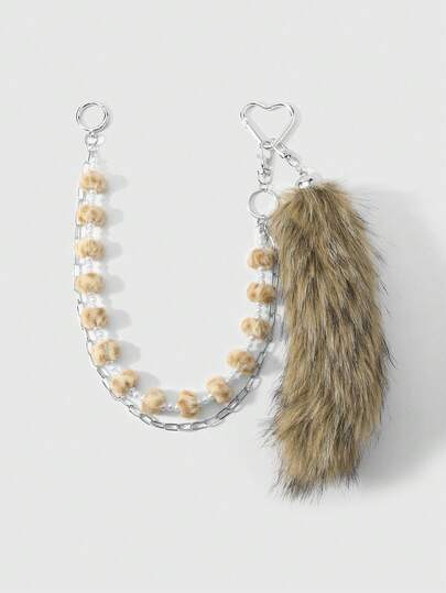 Goth 1 Stück Y2K Retro Chic minimalistischer Mode Hochwertige handgefertigte weiße Kunstperle, Leoparden-Muster, flauschiger Bommel, Cut Out Kette, Farbverlauf Cartoon Tier Fuchs/Wolf/Waschbär Schwanz DIY Hosen Kette, Taillenkette, Taschenbehang, geeignet für Cosplay, Alltagstragen, Geschenk