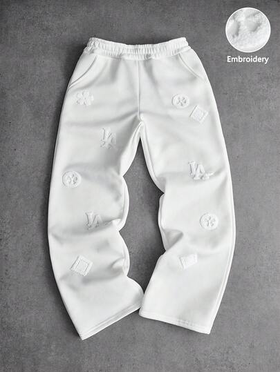 PAVTROS Manfinity Streetrush Men's Street-Style Popular INS Matching.Men's Streetwear,Men's Street-Style Trending Retro Floral Embroidered Sweatpants, Fashionable Full-Print Design For Outdoor Music Festivals, Casual Outings, Gifts For Boyfriend/Husband, Anniversary, White,Track Pants,Embroidery,Street Style, Boyfriend Gift Street Wear Pants White Sweatpants