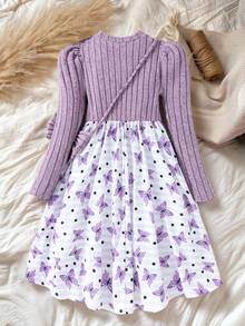 Explorewe SHEIN KIDS,Best Gifts For 11 12 Year Olds Girl,Tween Girls' Casual Patchwork Butterfly Print Bow Decor Dress, Autumn,Internet Girl - Purple - View 2