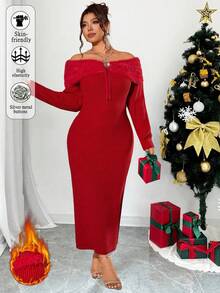 Cravure Damen Kleid in Große Größen, luxuriöser roter Einsschulter-Fake-Fellkragen, hochelastisches figurbetontes Midi-Pulloverkleid, Schleifenkragen, Metallknöpfe, elegantes Damenkleid, geeignet für Silvesterparty, Weihnachten, Halloween-Party, Büromode - Rot - Übersicht 11