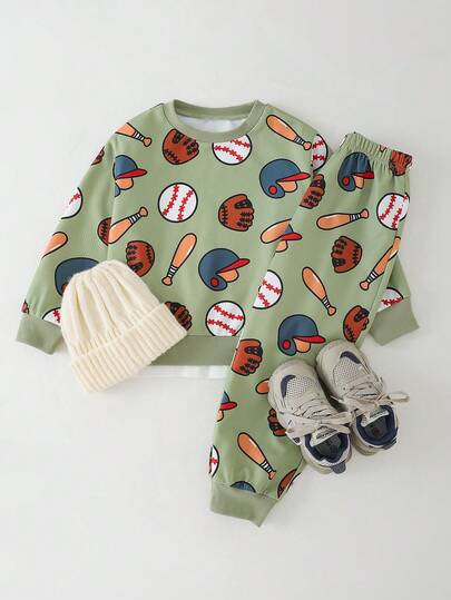 THE HAPPY LOOK 2pcs/Set Young Boy Cartoon Sports Pattern Knit Soft Crew Neck Long Sleeve Pullover Sweatshirt And Elastic Waist Pants Boys Baseball Clothes Toddler Sets Boy Toddler Boy Clothes Baseball Outfit Kids