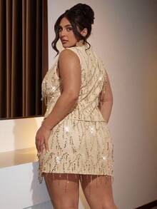 SHEIN BAE Christmas Plus Size Women's Fashionable Elegant Shiny Short Gold Sequin Mini Skirt - Khaki - View 2