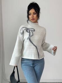 SHEIN Raffinéa Women's Casual Fashion Minimalist Versatile Commuting Loose High Neck Bow Decor Sweater, Autumn/Winter - Light Grey - View 5