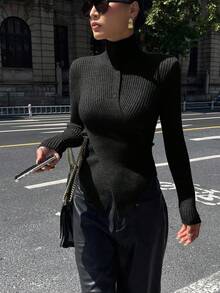 DAZY Women's Autumn High Neck Criss-Cross Hem Sweater - Black - View 3