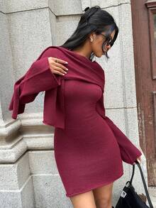 SHEIN EZwear 女士秋冬新款喇叭袖修身毛衣裙（配围巾） - 酒紅色 - 查看 4