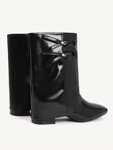 CUCCOO CHICEST Women's Autumn/Winter New Arrival Metal Bow Square Toe Block Heel Elegant Sweet Commute Casual Fashion Personalized Comfortable Black Faux Leather Patent Leather Ankle Boots, Suitable For Afternoon Tea, Date, Fashion Party, Workplace, Collegiate, Streetwear,, Basic Versatile, Christmas, Thanksgiving, New Year - Black - View 11
