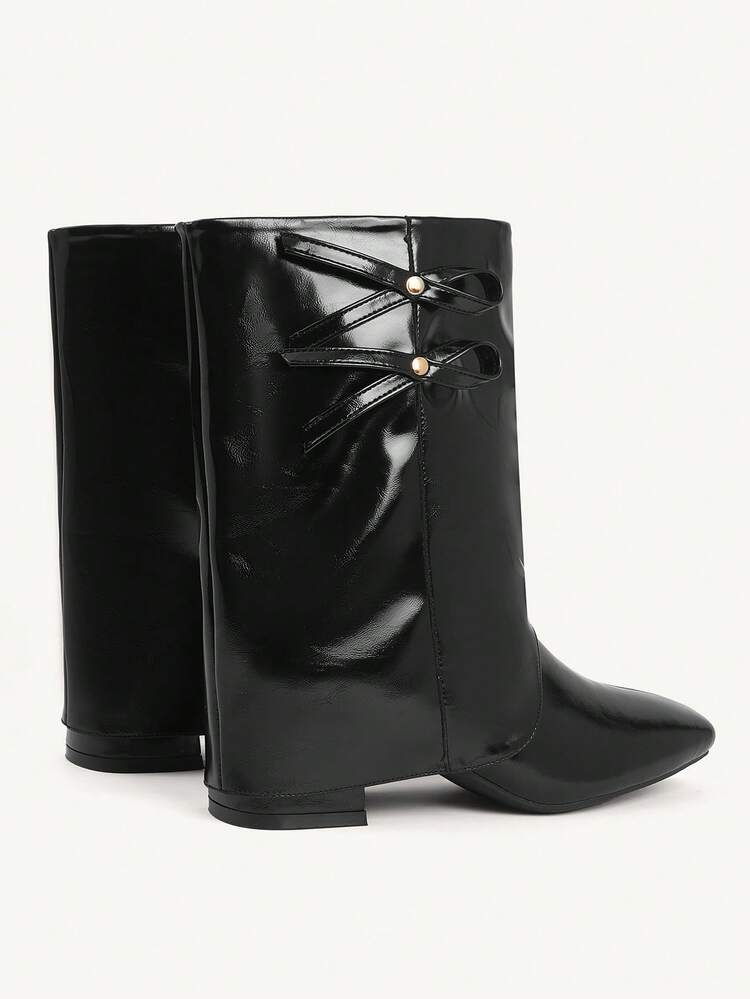 CUCCOO CHICEST Women's Autumn/Winter New Arrival Metal Bow Square Toe Block Heel Elegant Sweet Commute Casual Fashion Personalized Comfortable Black Faux Leather Patent Leather Ankle Boots, Suitable For Afternoon Tea, Date, Fashion Party, Workplace, Collegiate, Streetwear,, Basic Versatile, Christmas, Thanksgiving, New Year