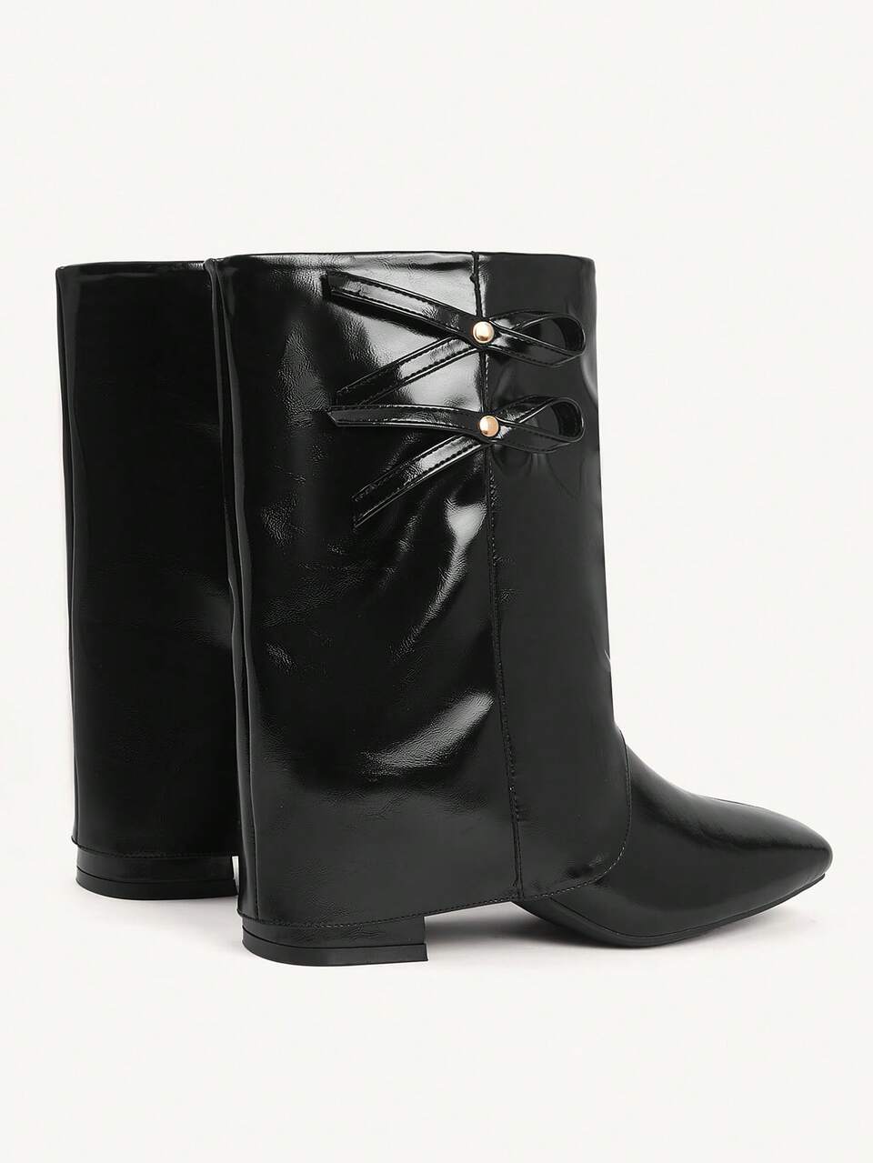 CUCCOO CHICEST Women's Autumn/Winter New Arrival Metal Bow Square Toe Block Heel Elegant Sweet Commute Casual Fashion Personalized Comfortable Black Faux Leather Patent Leather Ankle Boots, Suitable For Afternoon Tea, Date, Fashion Party, Workplace, Collegiate, Streetwear,, Basic Versatile, Christmas, Thanksgiving, New Year
