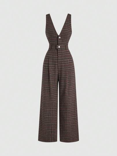 Sweetra 新款时尚秋季复古英伦风格子无袖高腰阔腿连体裤，显瘦减龄，女士必备