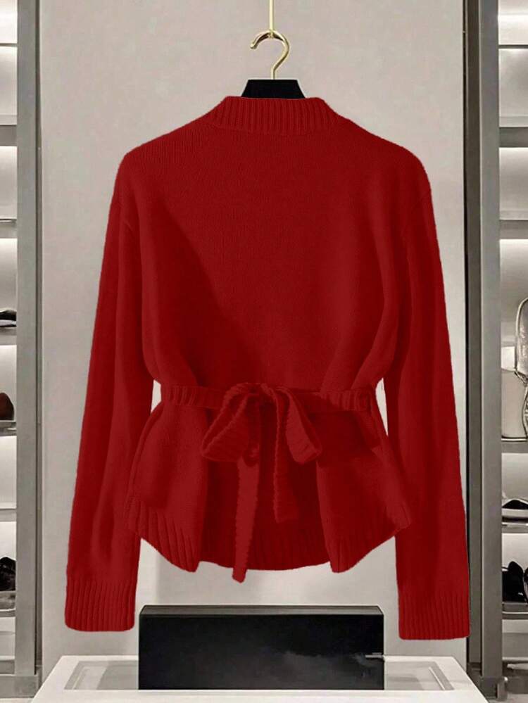 GlowEve CURVE 女士金属纽扣系带加大码开衫毛衣 - 紅色 - 查看 2