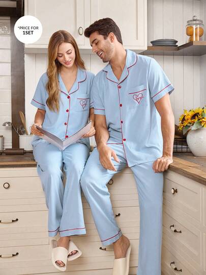 CoupledUp Sky Blue Bubble Textured Mandarin Collar Short Sleeve Pocket Embroidered Men Pajama Set Couple Matching Pajamas Set Light Blue Pj Set