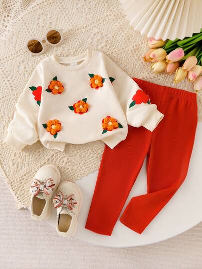 SHEIN 女婴休闲可爱运动衫套装，3D 钩针花卉印花套头衫和针织打底裤，秋季
