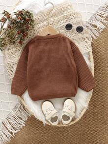 男婴棕色套头毛衣，圆领长袖，绣有英文字母，时尚简约百搭设计，适合秋冬季穿着。 - 棕色 - 查看 2