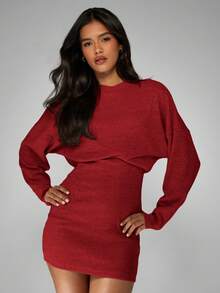 MISSGUIDED Robe pull côtelée à manches longues, moulante, pour l'automne et l'hiver. Robe pull décontractée pour Noël - Rouge foncé - Voir 5