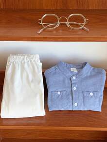 SHEIN 2pcs Baby Boy Casual Cute Light Blue Long Sleeve Shirt & Elastic Waist Pants Set, Suitable For Birthday Party, Rave, Evening Party, Performance, Wedding, Baby's 1st Month, Christening, 1st Birthday Celebration, Wedding Guest, Baby Shower Christening Outfit Light Blue Baby Boy 18 Month Clothes Boy Baby Boys Outfits Button Up Dress Shirt Boy - Multicolor - View 9