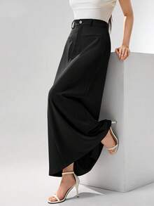 Heiryn 女士纯色口袋拉链优雅半身裙 - 黑色 - 查看 5