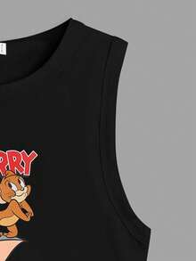 TOM & JERRY X SHEIN Plus Size Cartoon Printed Tank Top For Summer Suitable For Going Out - Black - View 3