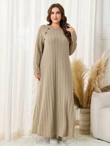 SHEIN Lacomfia Knitted Ribbed Fleece Raglan Sleeve Long Loose Comfortable Casual Simple Plus Size Dress For Women - Khaki - View 5