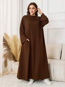 Lacomfia 大码女式针织高领休闲连衣裙 - 咖啡棕 - 查看 3