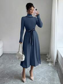 SHEIN Elenzya Váy len peplum viền tương phản, cổ cao ôm sát thanh lịch dành cho nữ, mùa thu/đông - Màu xanh bụi bặm - Xem 3