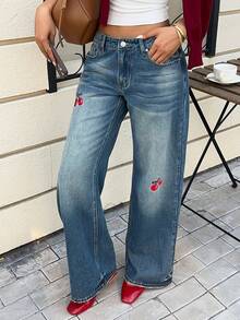 Muchica Women's Retro Blue Low-Waisted Straight-Leg Jeans, Korean Style, Cute Red Cherry Embroidered Christmas Jeans. Winter - Dark Wash - View 8