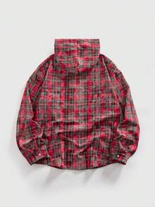 ROMWE MEN Grunge Punk 男士落肩长袖纽扣前襟格子休闲连帽衫，百搭 - 彩色 - 查看 2