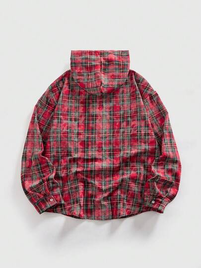 Men's Drop Shoulder Long Sleeve Button Front Plaid Casual Hoodie, Versatile